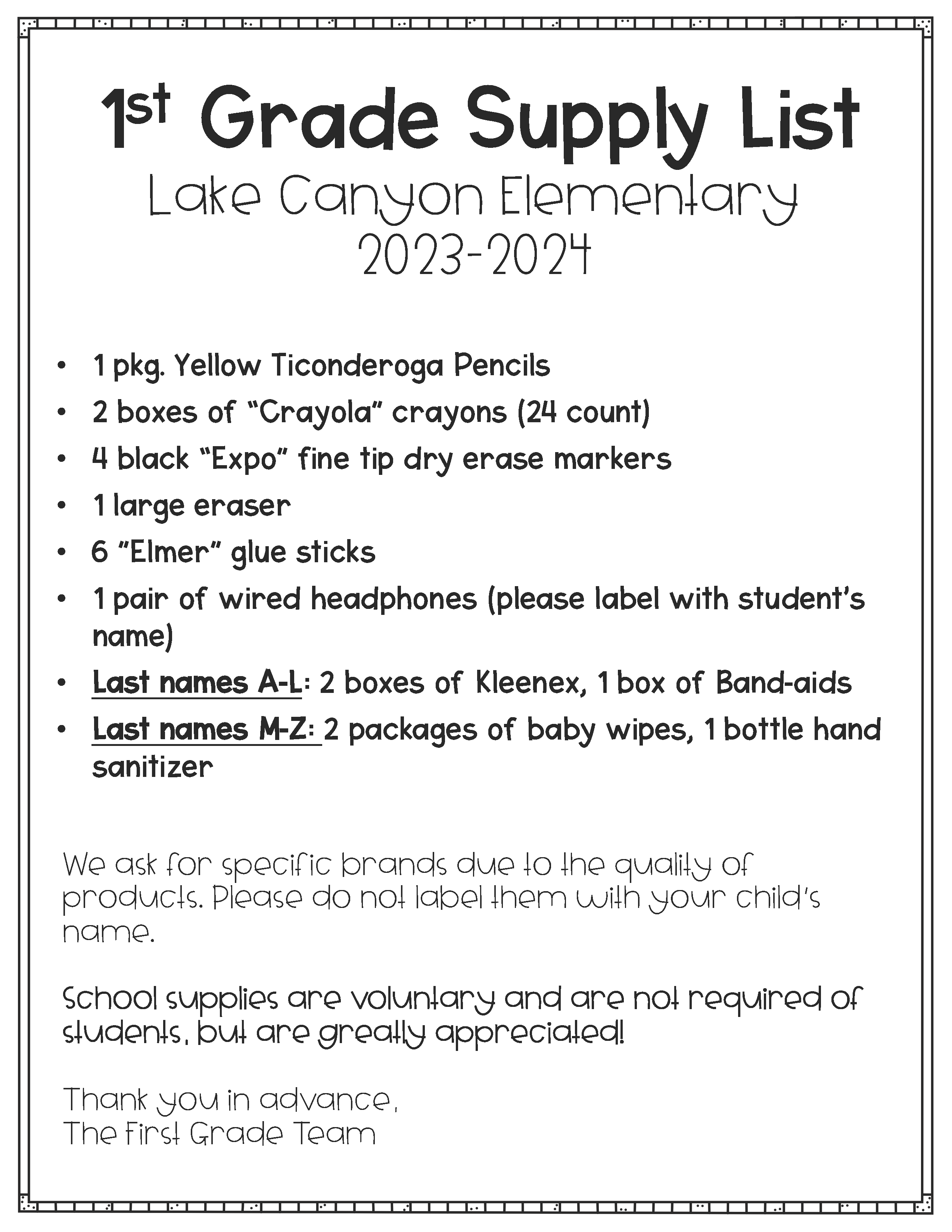 Lake Canyon Elementary - Classroom Supply Lists