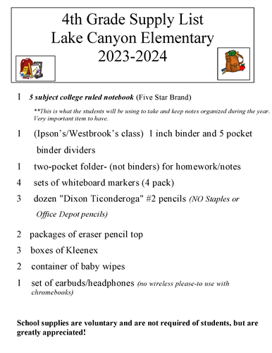 4th Grade Material List