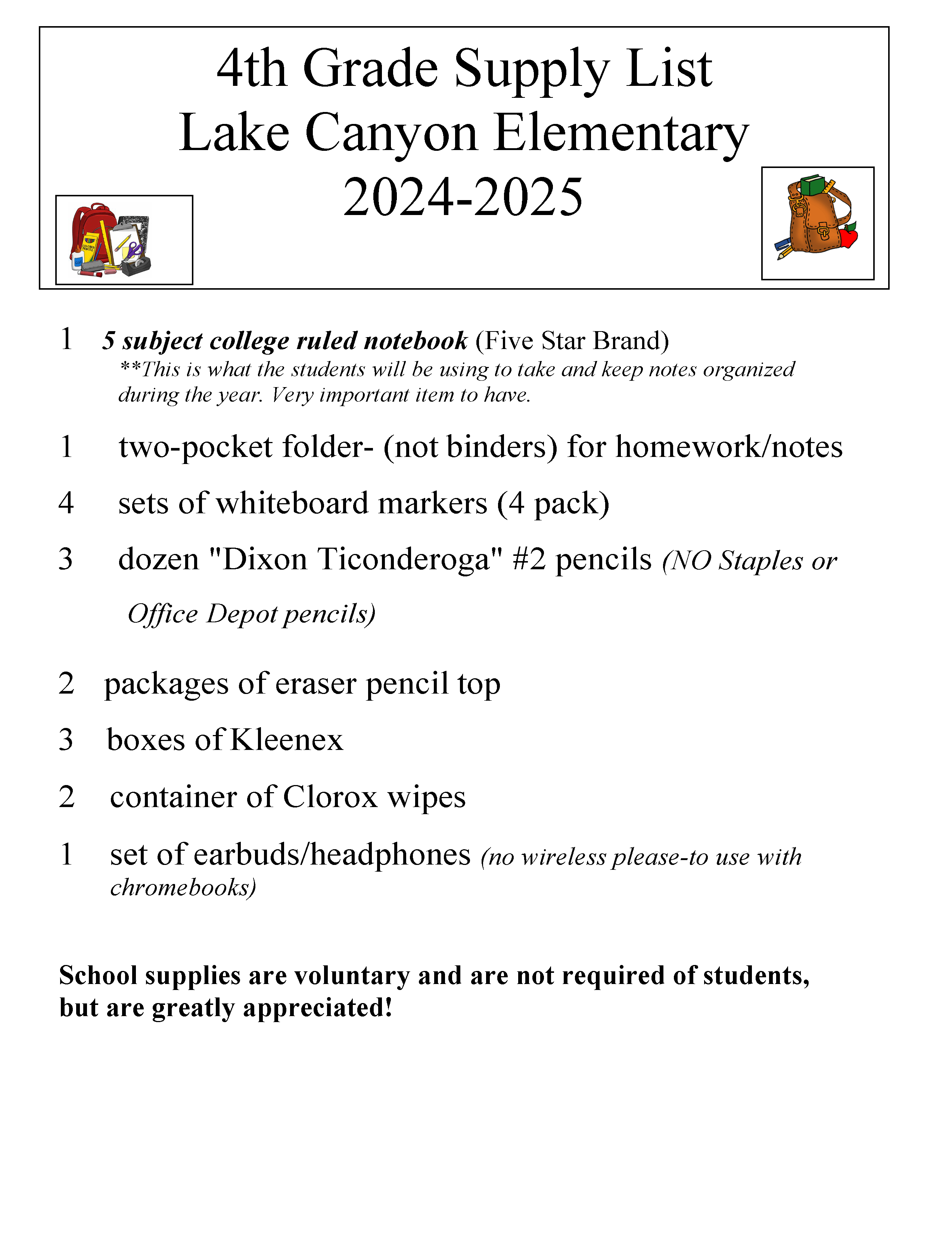 4th Grade Materials list