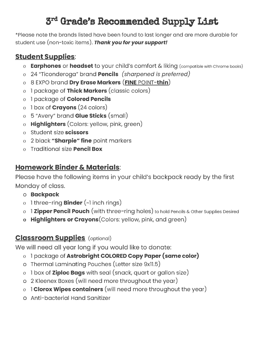 3rd Grade material list