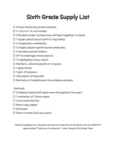 6th Grade Materials list