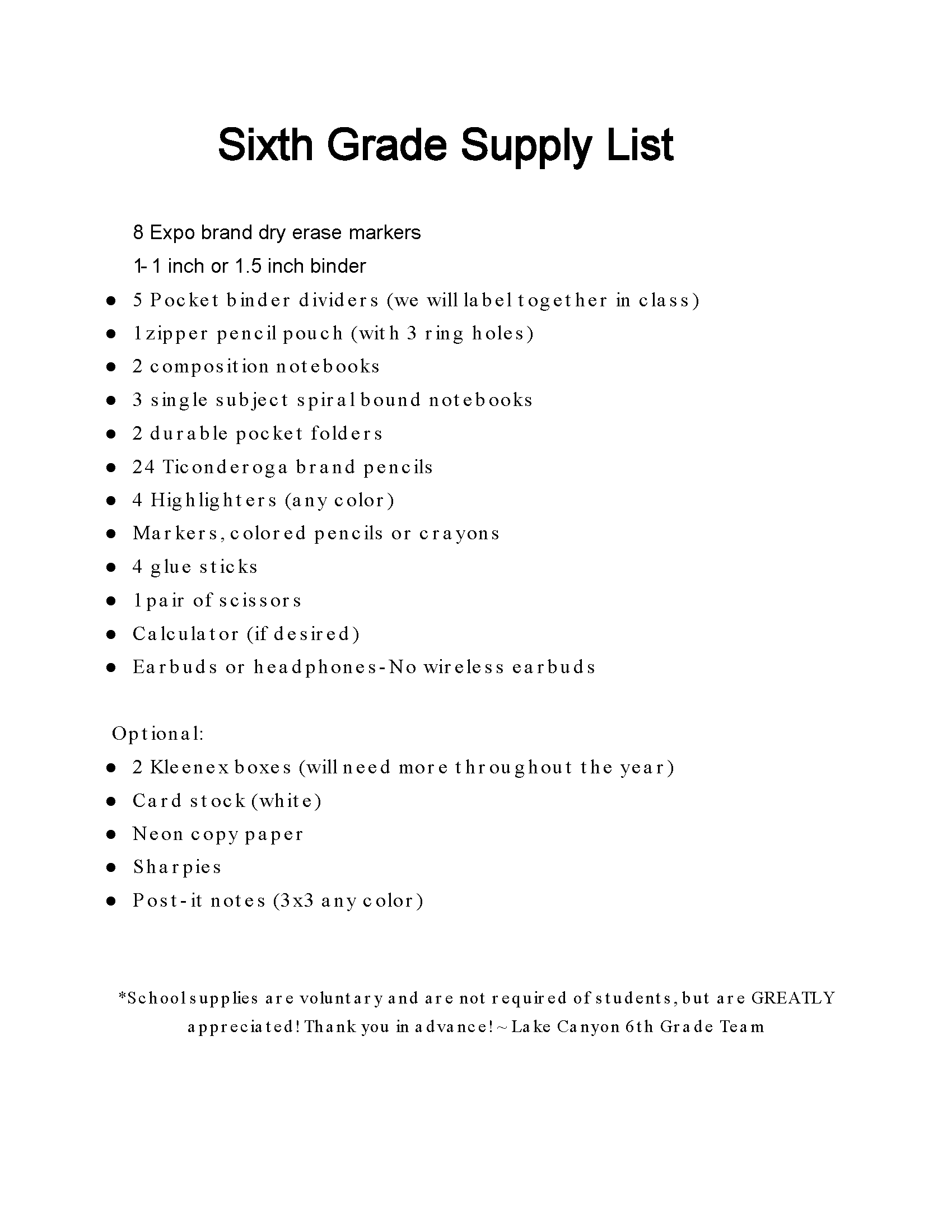 6th Grade Materials list
