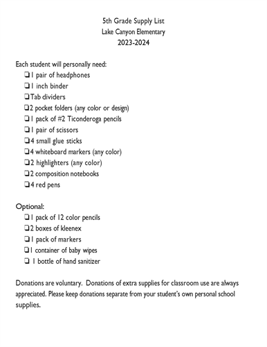 5th Grade Material List